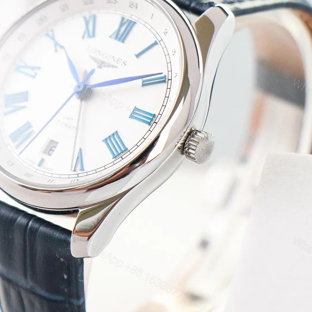 View 7 of Longines Master Classic Reproduction GMT Dual Time Watch White Dial Black Leather Strap Roman Numerals