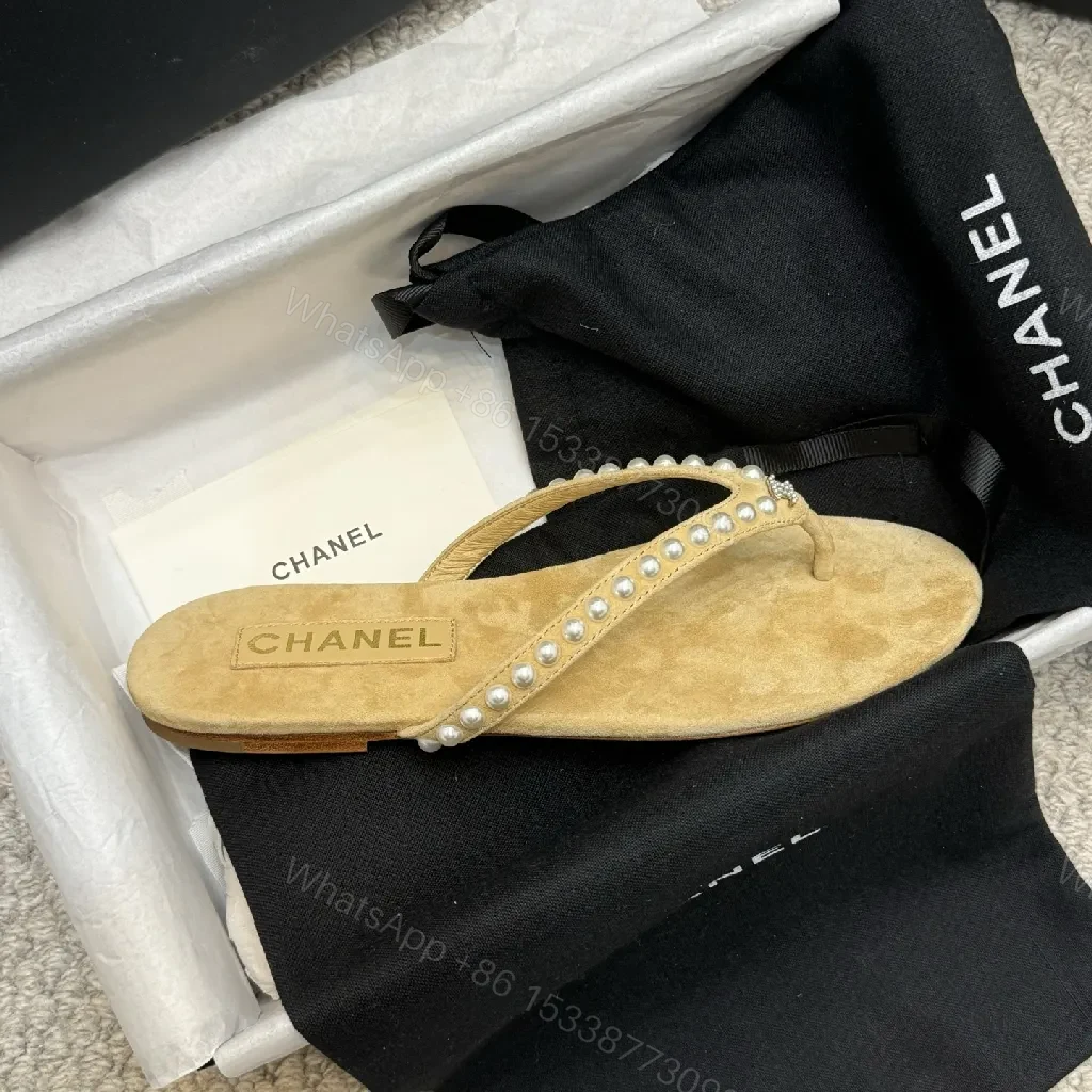 View 2 of Pearl-Trim Sandals: Suede Footbed, Beaded Straps, Beige Leather