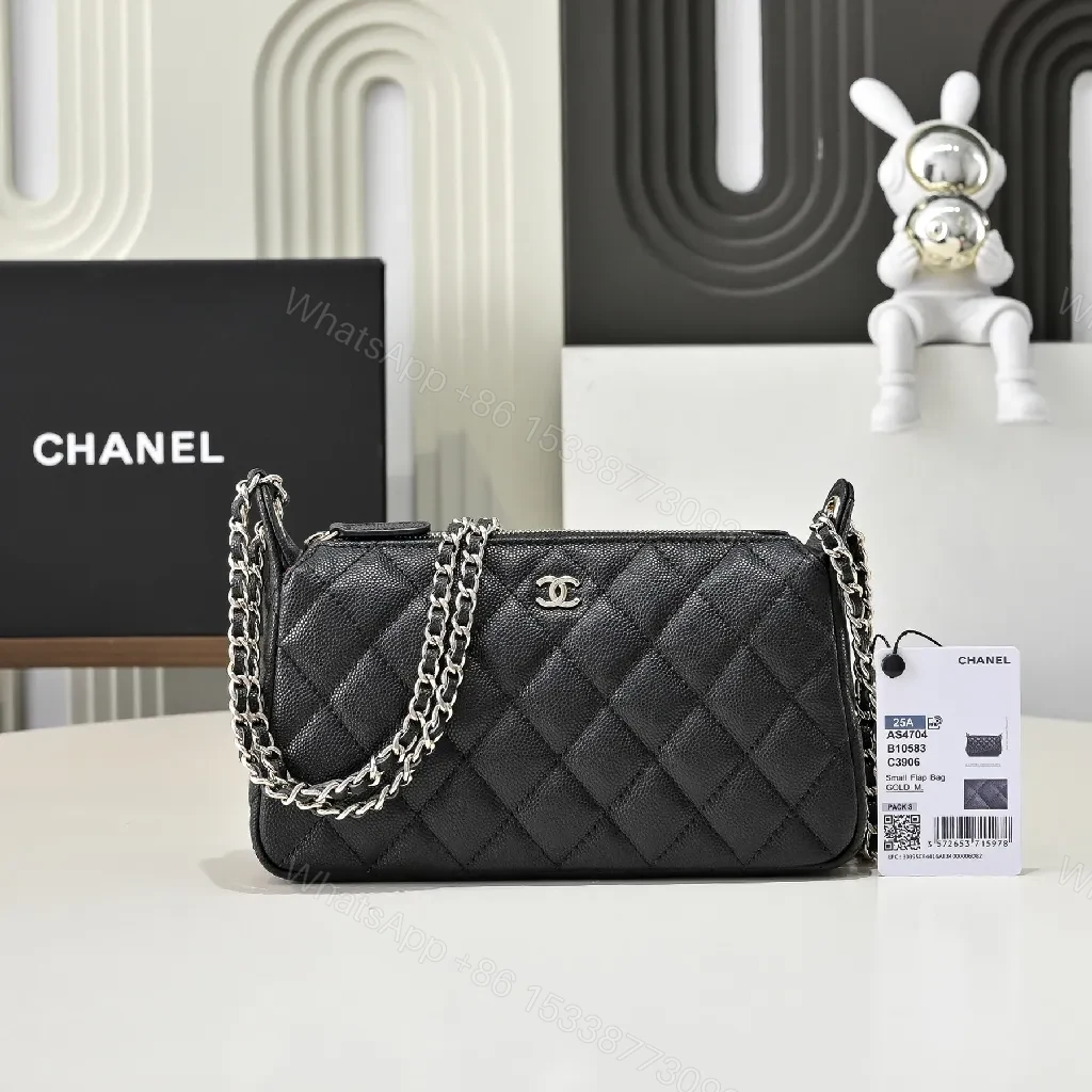 Black Quilted Crossbody with Chain, Luxury Compact Bag — view 1