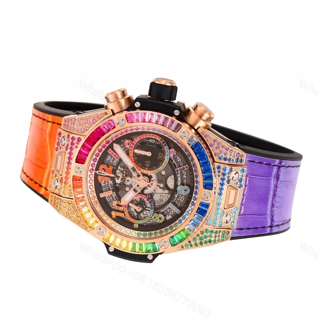 View 6 of Hublot Big Bang Rainbow Replica 45MM Premium Rose Gold Case Purple Orange Leather Strap Edition RG-HUBLOT-RAINBOW-RG-45