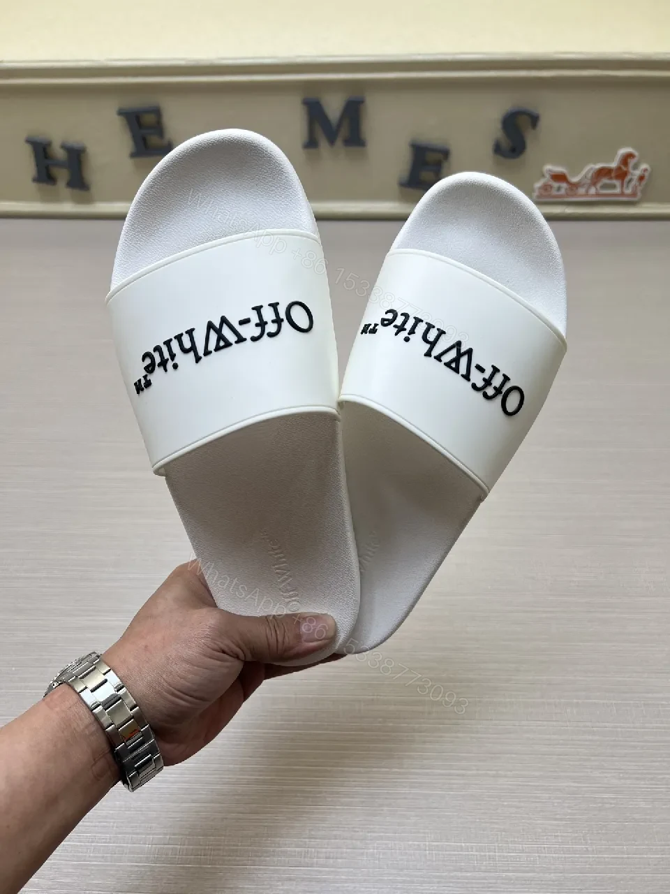 View 6 of Textured White Slip-Ons: Bold Strap Designer-Influenced Slides