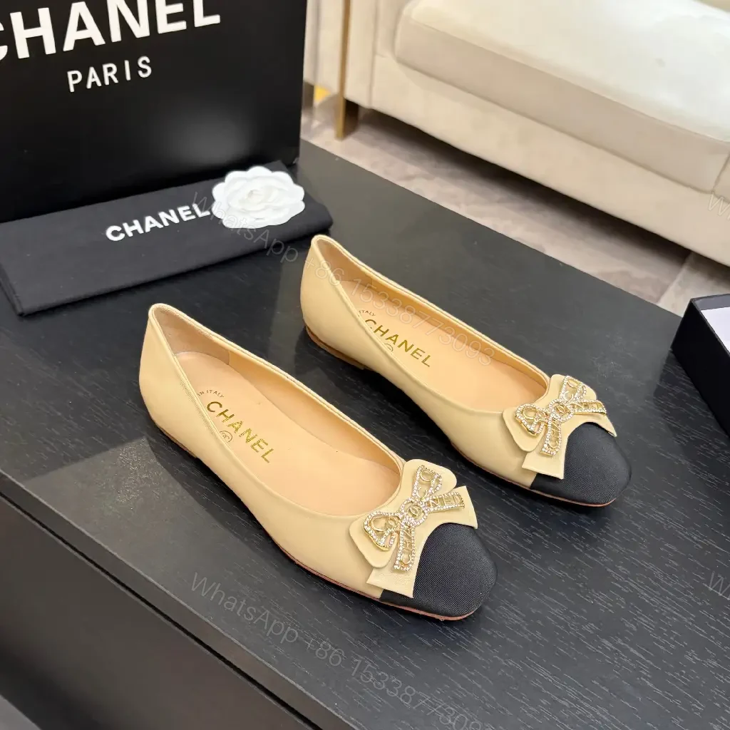 Beige Leather Flats with Black-Toe Cap & Crystal Bow — view 1