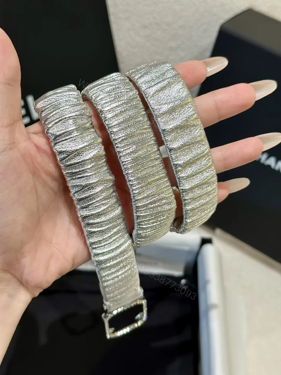 View 8 of Metallic Textured Strap Watch with Crystal-Accented Bezel