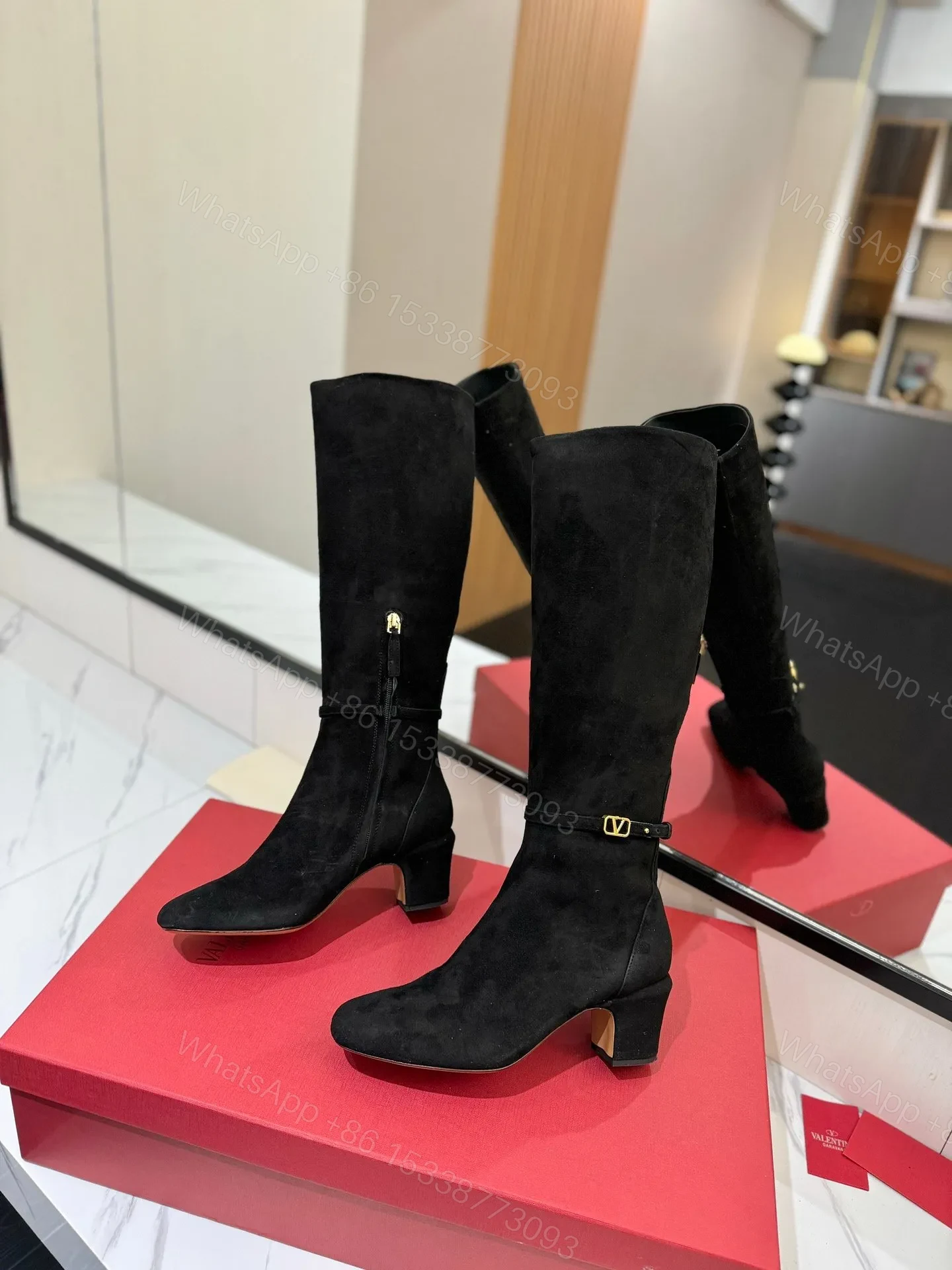 View 6 of Valentino Women Black Suede Mid Heel Boots