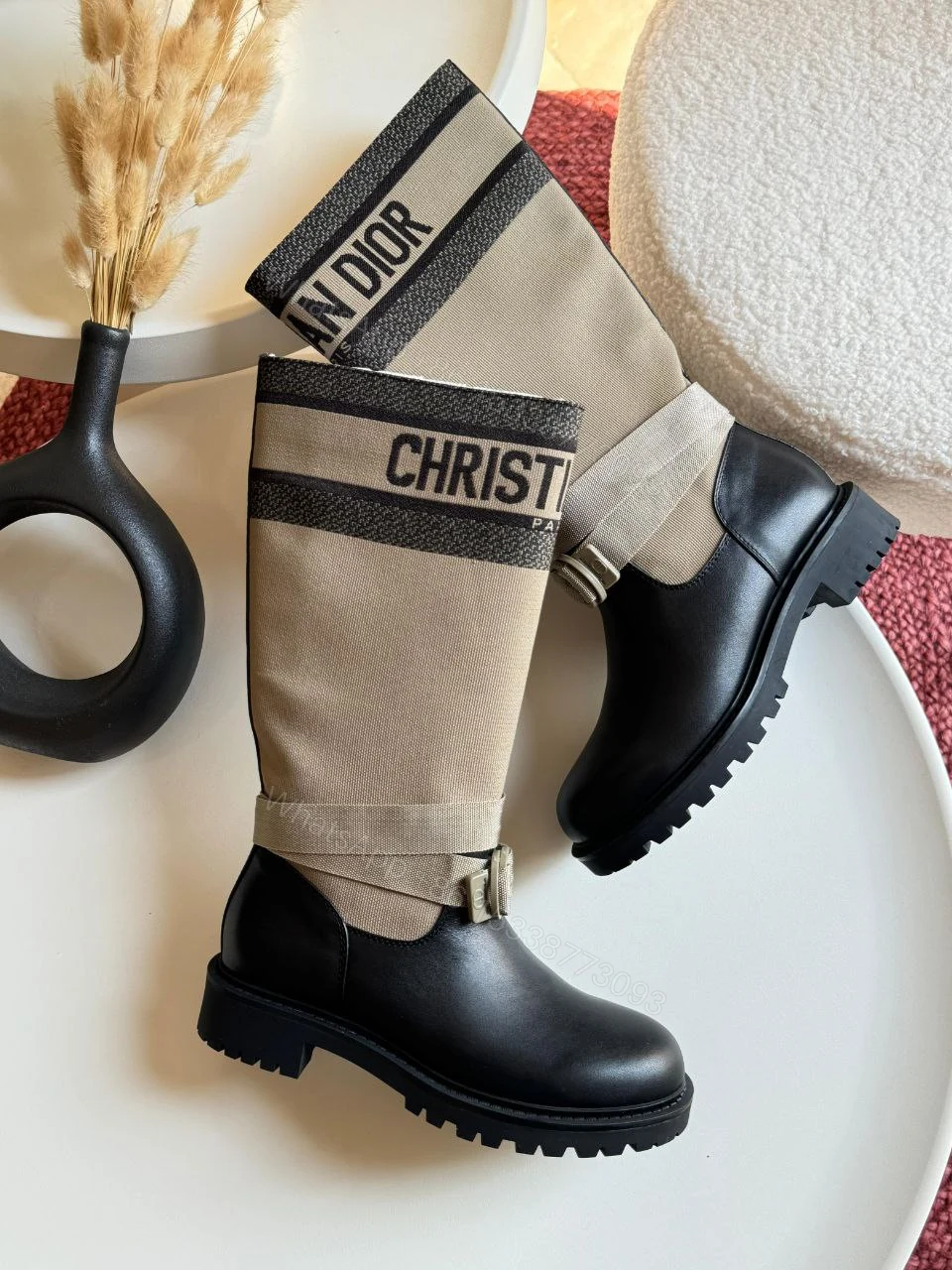 View 3 of Dior Leather and Canvas D-Major Mid-Calf Bootsf