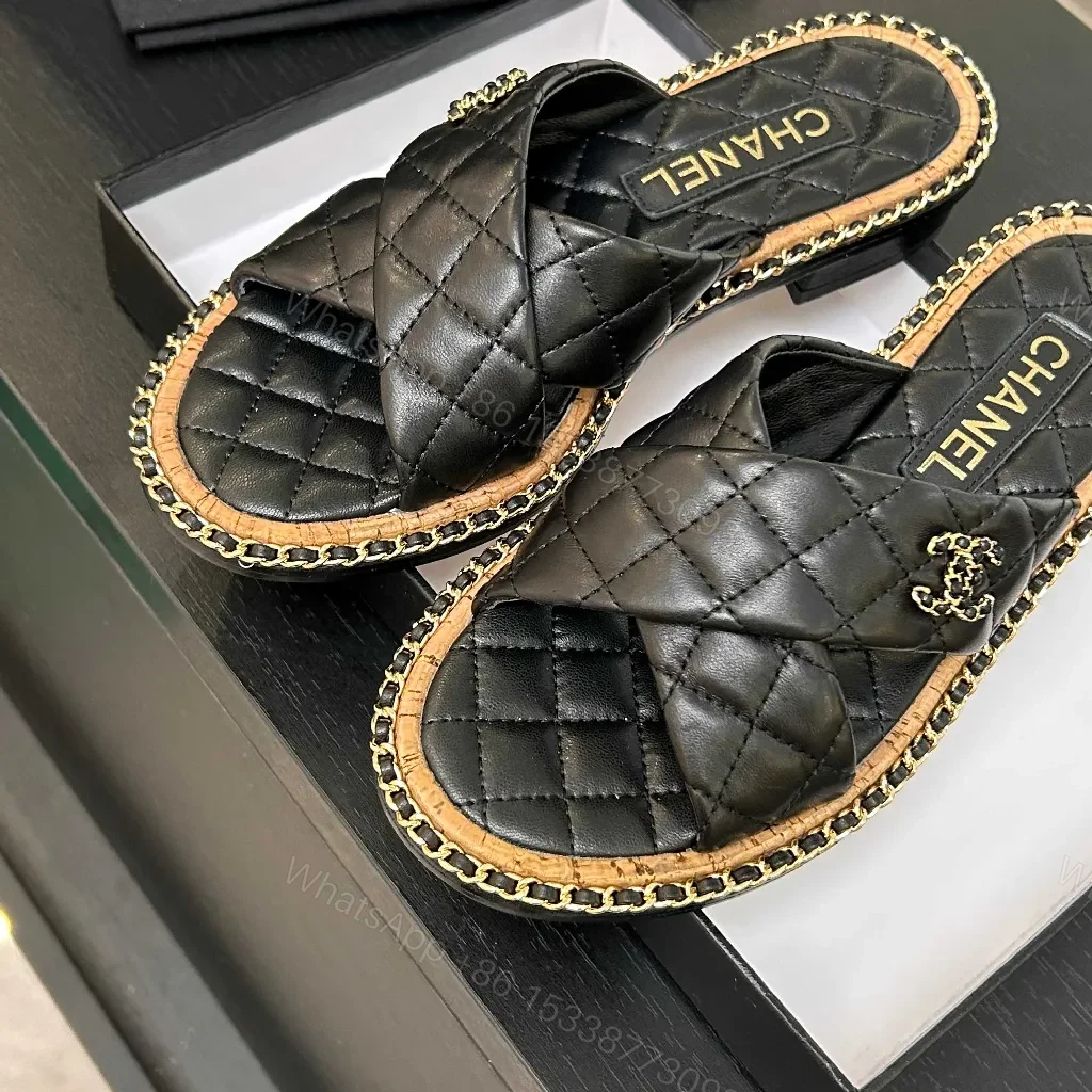 View 6 of Black Quilted Slip-Ons with Chain Trim: Elevated Comfort