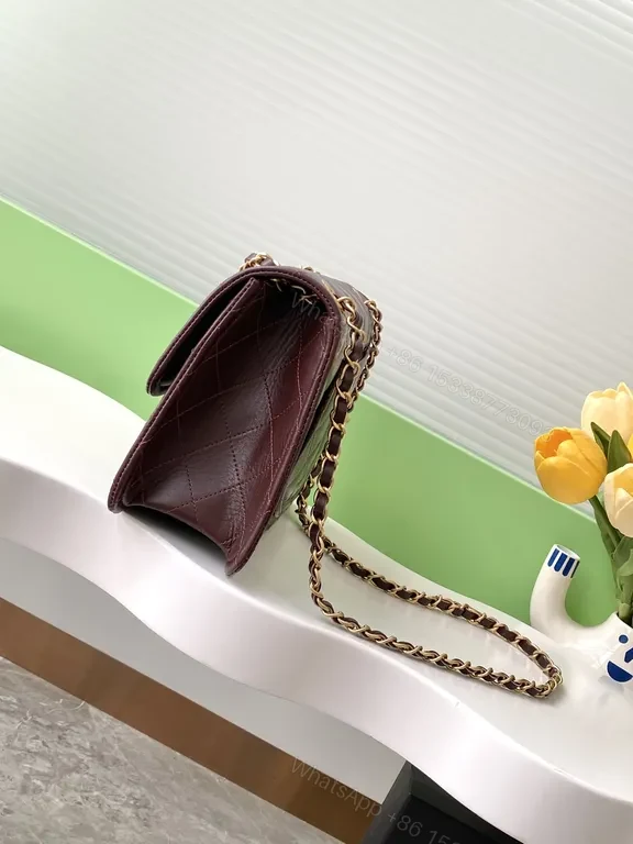 View 4 of Burgundy Quilted Leather Shoulder Bag with Gold Chain