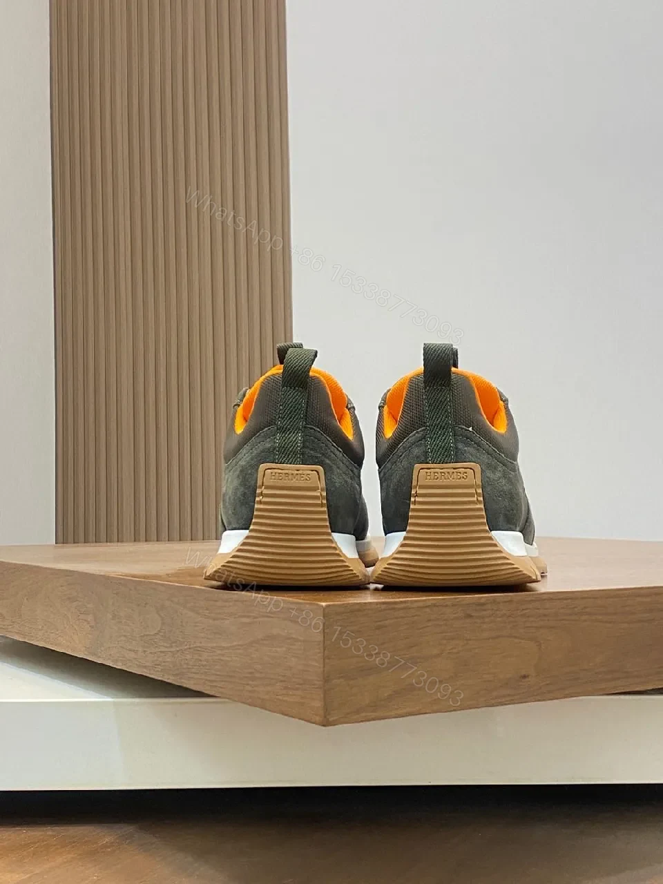 View 3 of Dark Olive Suede & Mesh Sneakers – Low-Profile Chevré Neon Accent