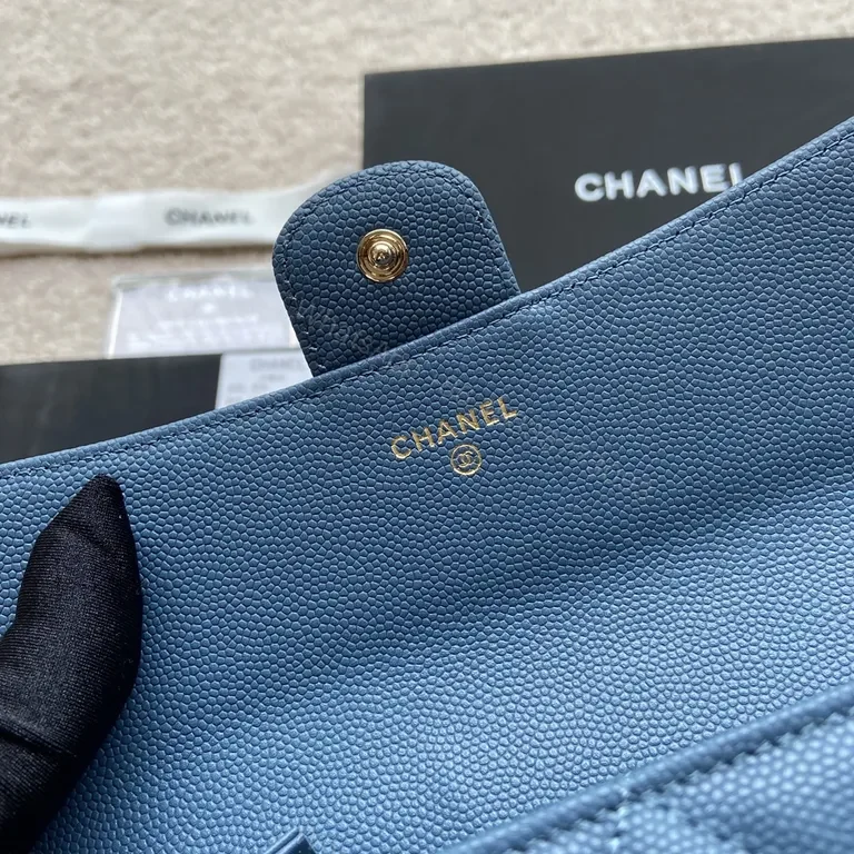View 2 of Blue Quilted Denim Wallet: Chanel-Style, Gold Hardware, Compact Luxury
