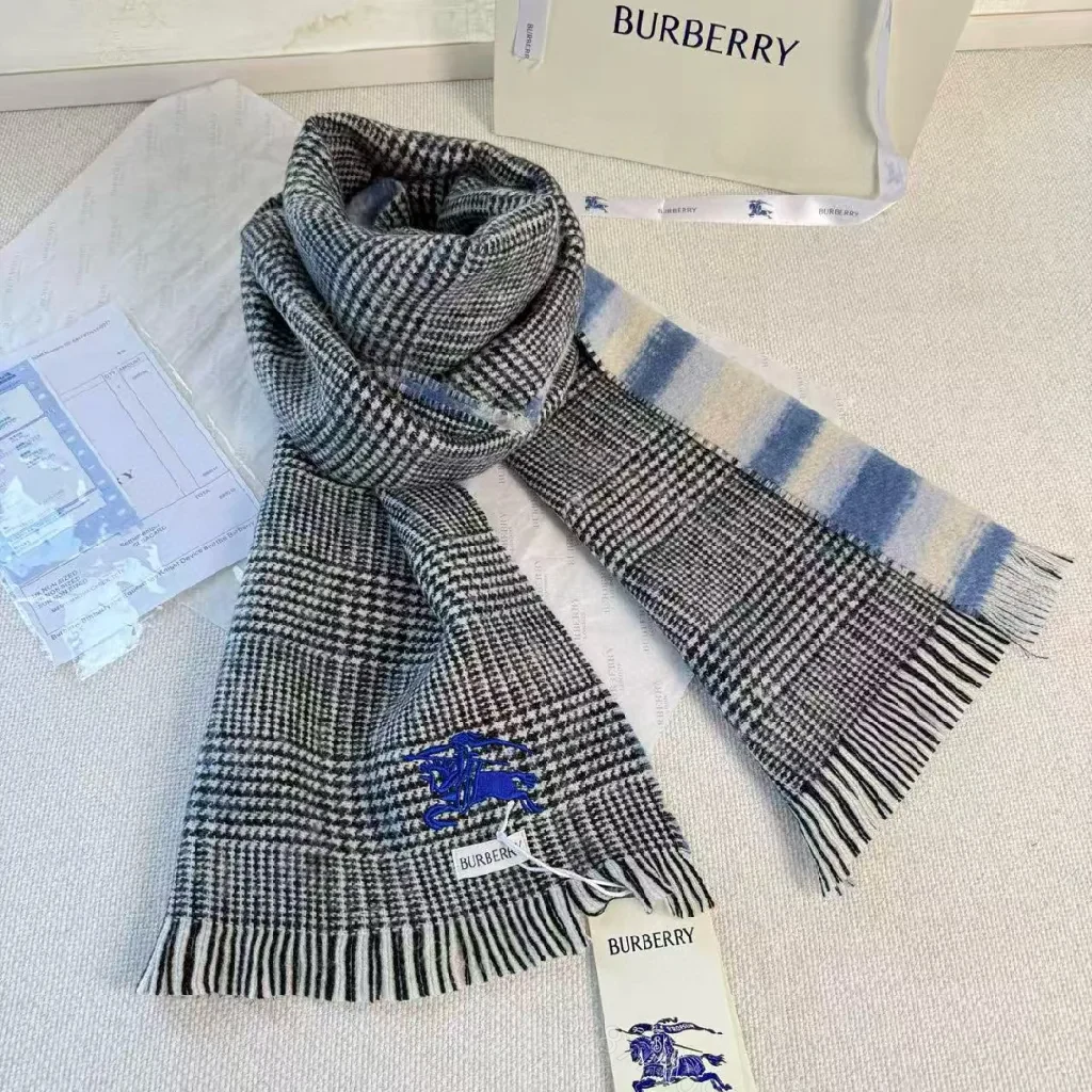 Cozy Plaid Scarf – Soft Knit, Fringed Ends, Navy Embroidery — view 1