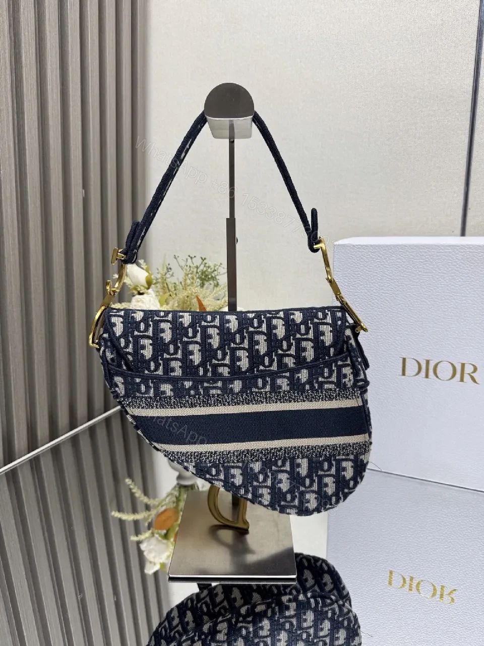 View 2 of Patterned Monogram Crossbody Bag - Navy, Luxe Fabric, Structured, Versatile Carryall