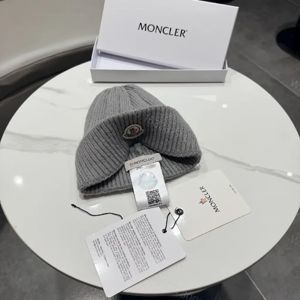 View 8 of Gray Knit Beanie, Moncler Crest, Luxury Streetwear Style, Warmth Ready