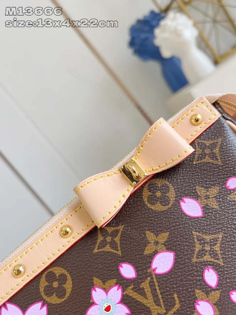 View 6 of Floral Pink Leather Satchel - Chic Velvet-Trim Handbag