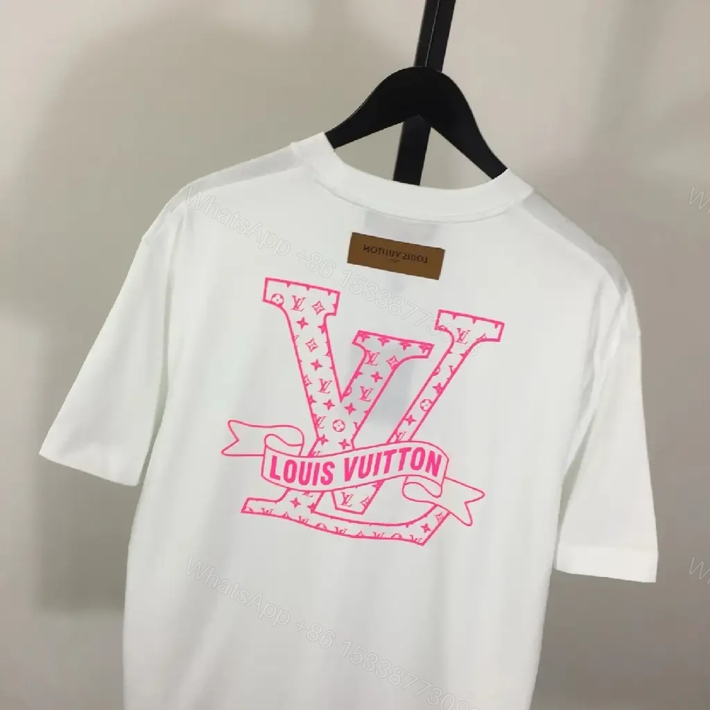 View 9 of White Cotton Tee with Pink LV Emblem – Minimalist Luxe Top