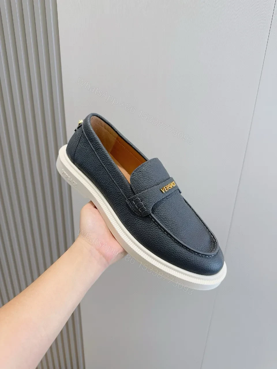 View 5 of Navy Leather Loafers with Luxe Twist, Slip-On, Cushioned Sole