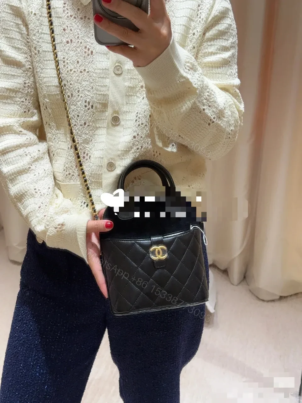 View 10 of Quilted Leather Mini Bag with Velvet Accents, Gold Chain