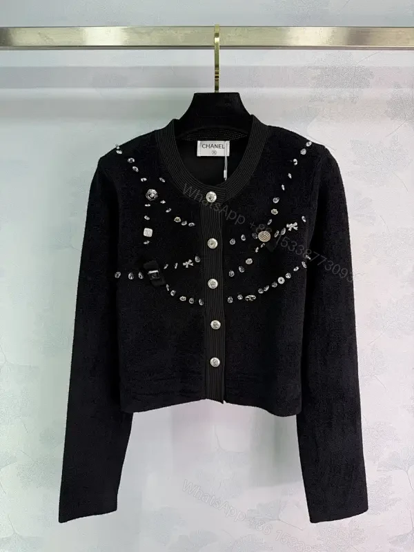 Black Knit Cardigan with Crystal Embellishments - Luxe, Cropped, Buttoned — view 1