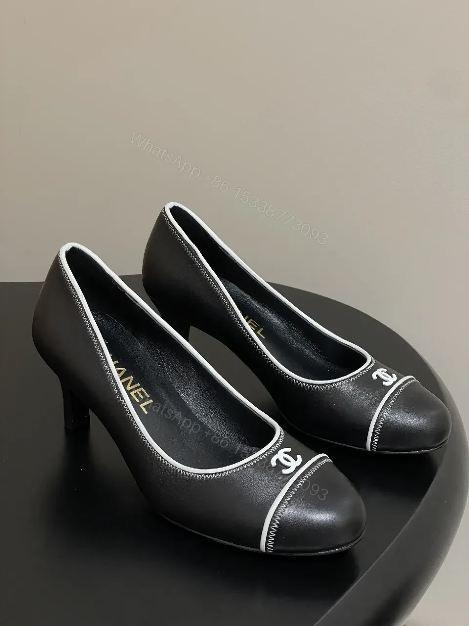 Black Leather Heels - White Piping, Logo Detail, 2.5" Heel — view 1