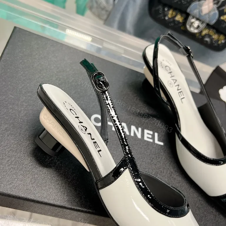View 7 of Chanel-Inspired White & Black Slingback Heels â€“ Pointed Toe