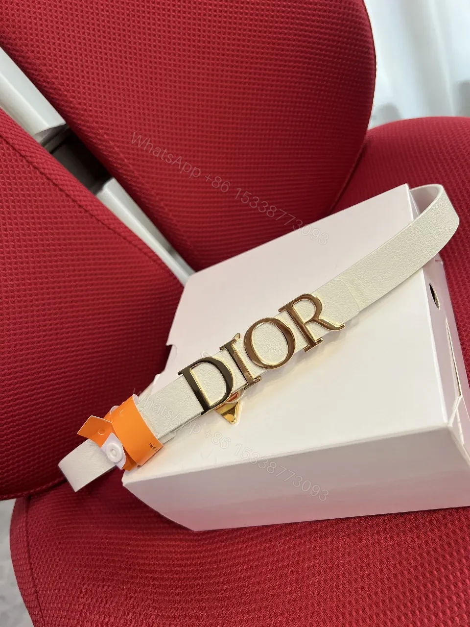 Minimalist White Strap Belt with Gold DIOR Lettering — view 1