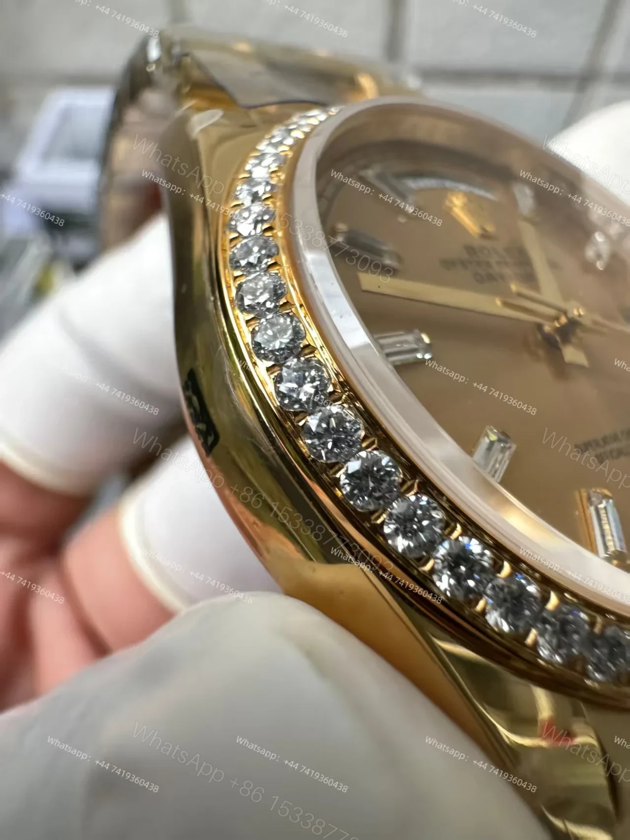 View 5 of Rolex Day-Date M228348RBR-0002 1:1 Replica Moissanite Bezel Gold Dial 40MM 3255 Movement Super Clone Watch