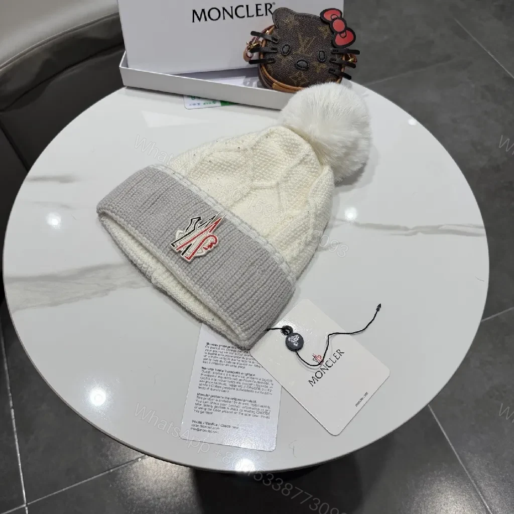 View 5 of Chic Winter Knit Beanie with Plush Pom and Moncler Accent