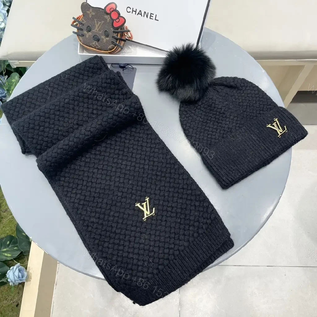 View 2 of Textured Knit Beanie & Scarf Set - Black, Gold Accent