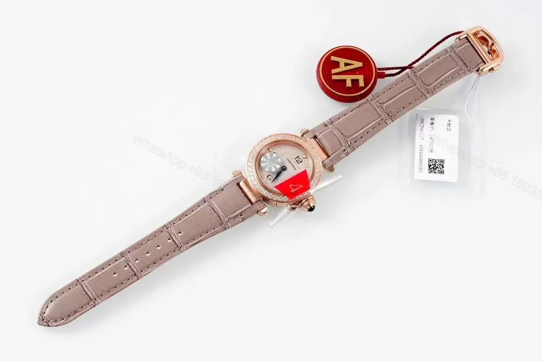 View 2 of JF Factory Cartier Pasha de Cartier Women’s Watch – 30mm Rose Gold with Diamond Bezel, Blue Steel Hands, and Quick Release Leather Strap