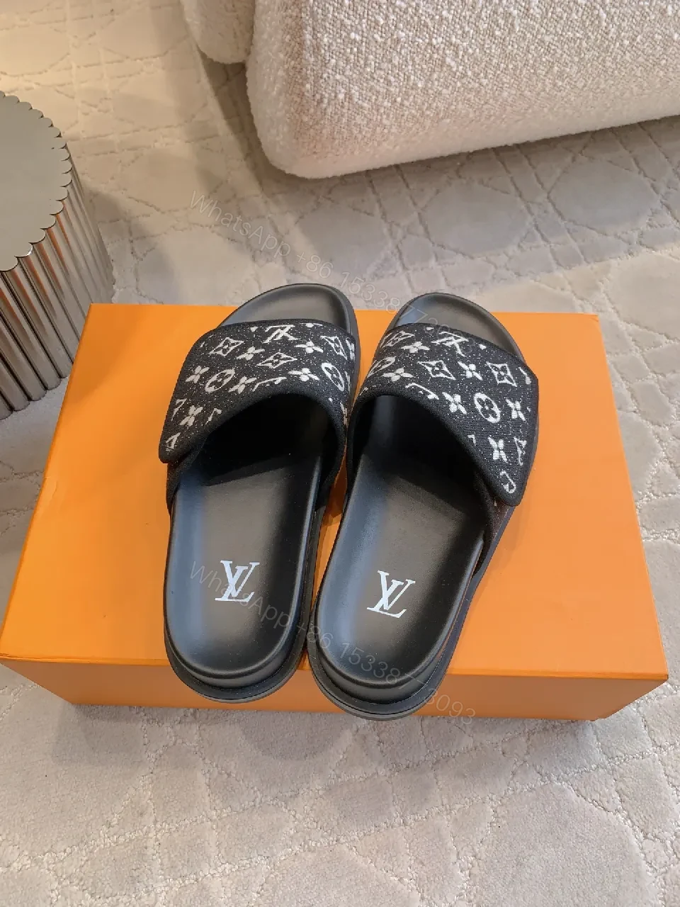 View 3 of Monochrome LV-Pattern Slides: Luxury Comfort for All-Day Wear