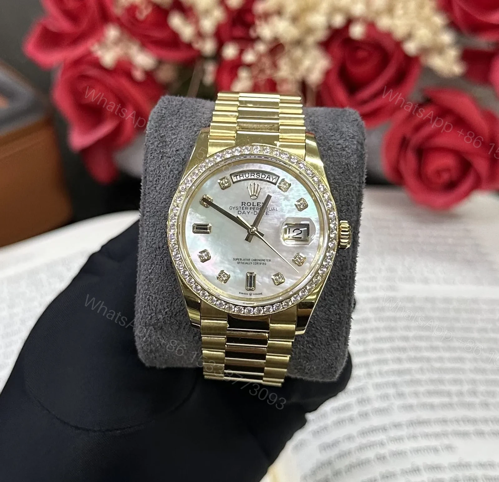 View 2 of Superclone Rolex Day-Date White Mother-of-Pearl Diamond Dial 128398tbr-0030 36 mm