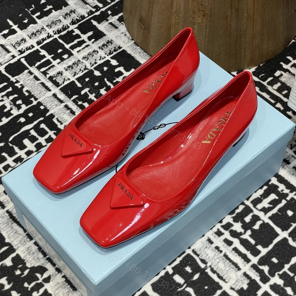 高仿Prada*1l628M方頭粗跟單鞋3.5CM紅色免檢版 — view 1