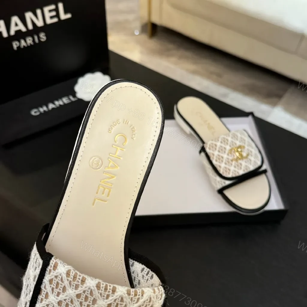 View 3 of Lace-Textured Slide Sandals with Gold Emblem, Open-Toe, Luxury Style