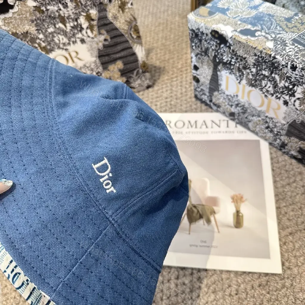 View 7 of Denim Blue Bucket Hat Solid Stitching Crown Embroidered Dior Logo