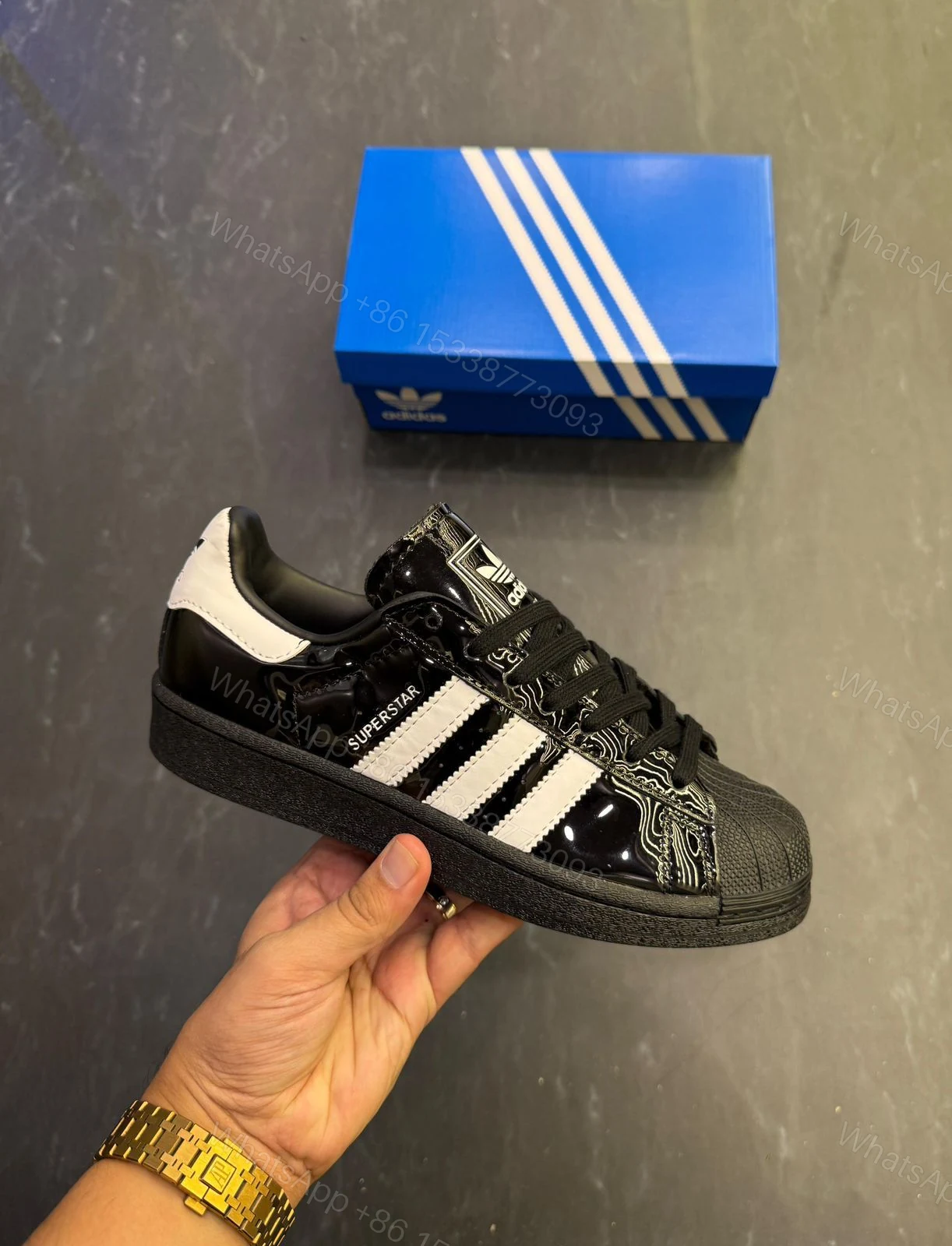 View 8 of First Copy Adidas Originals Superstar Atmos Black Patent Sneakers for Men