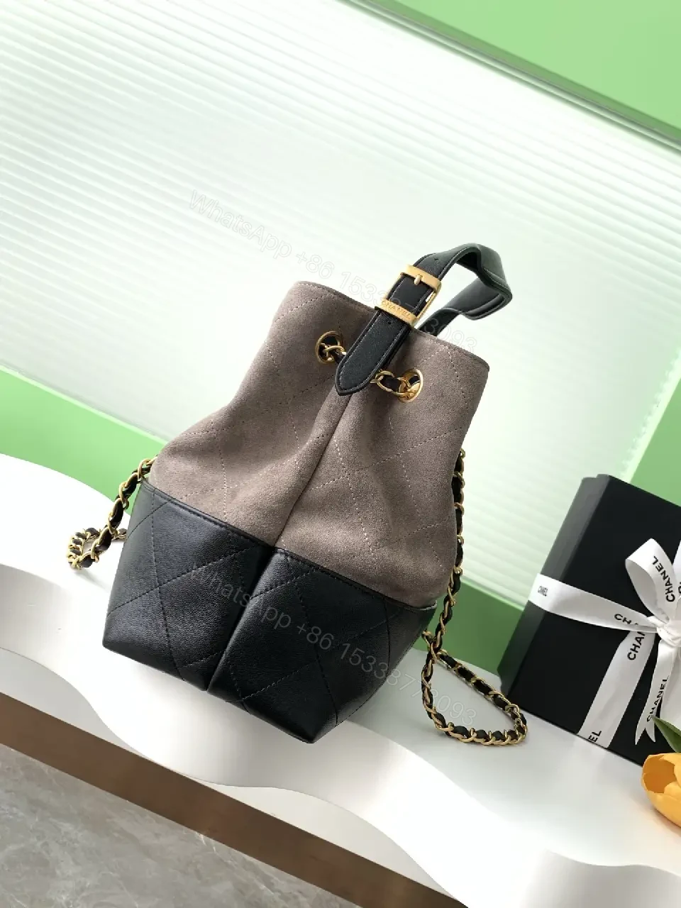 View 4 of Two-Tone Quilted Tote with Gold Chain Strap: Everyday Luxe Bag