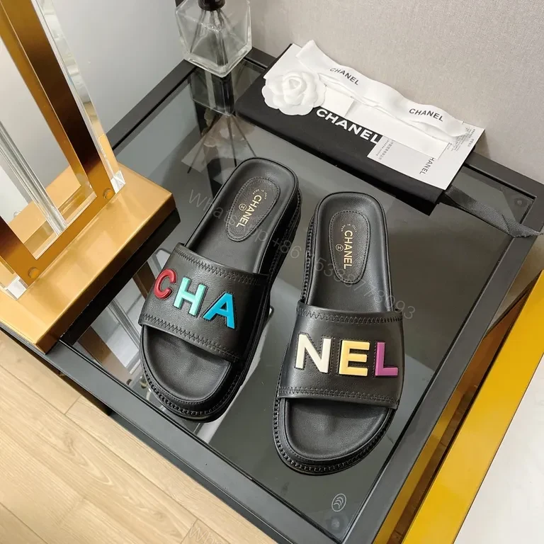 View 8 of Bold CHANEL Lettering Sandals: Multicolor Leather Slide