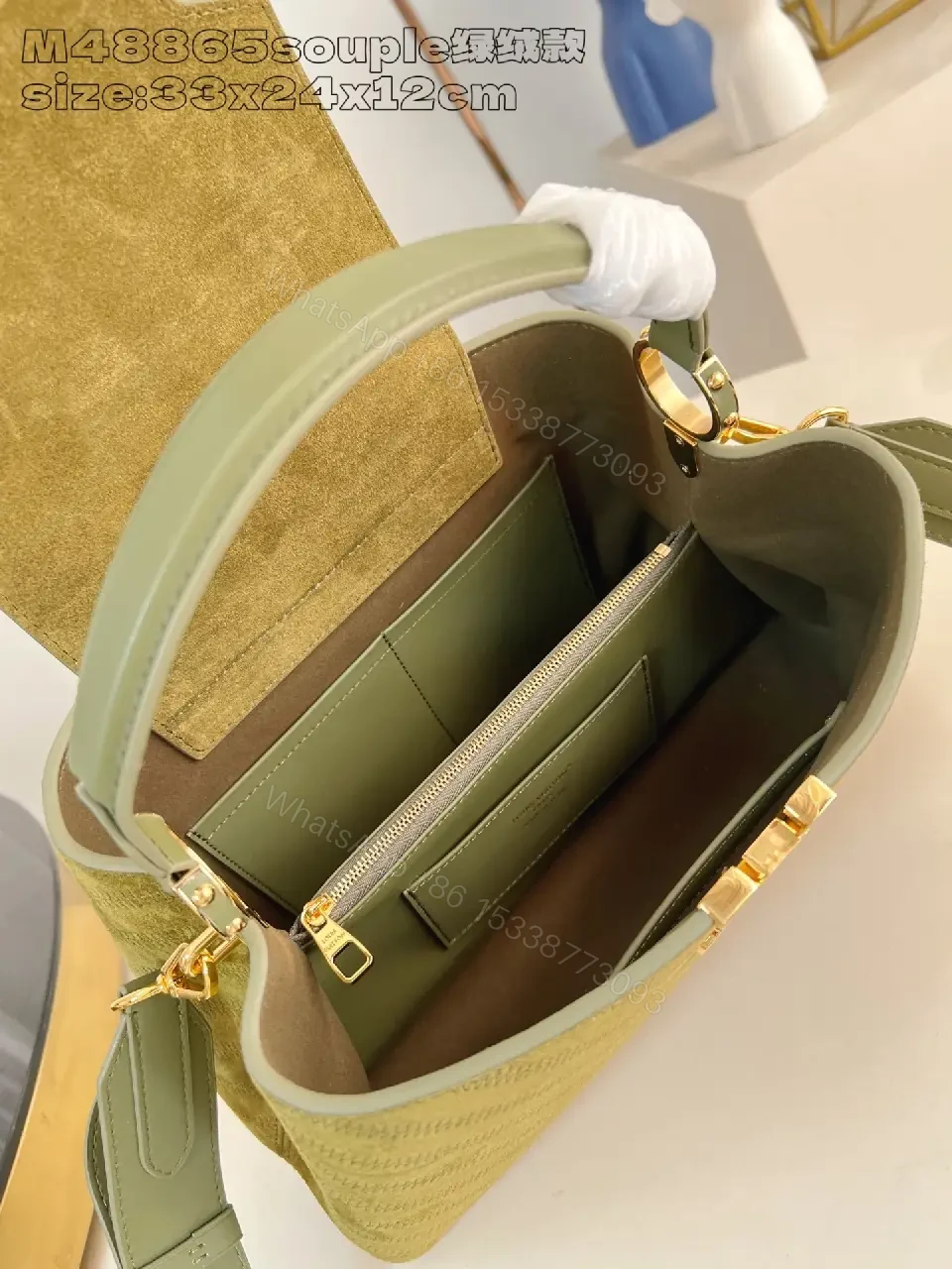 View 4 of Olive Suede Structured Handbag with Gold Accent