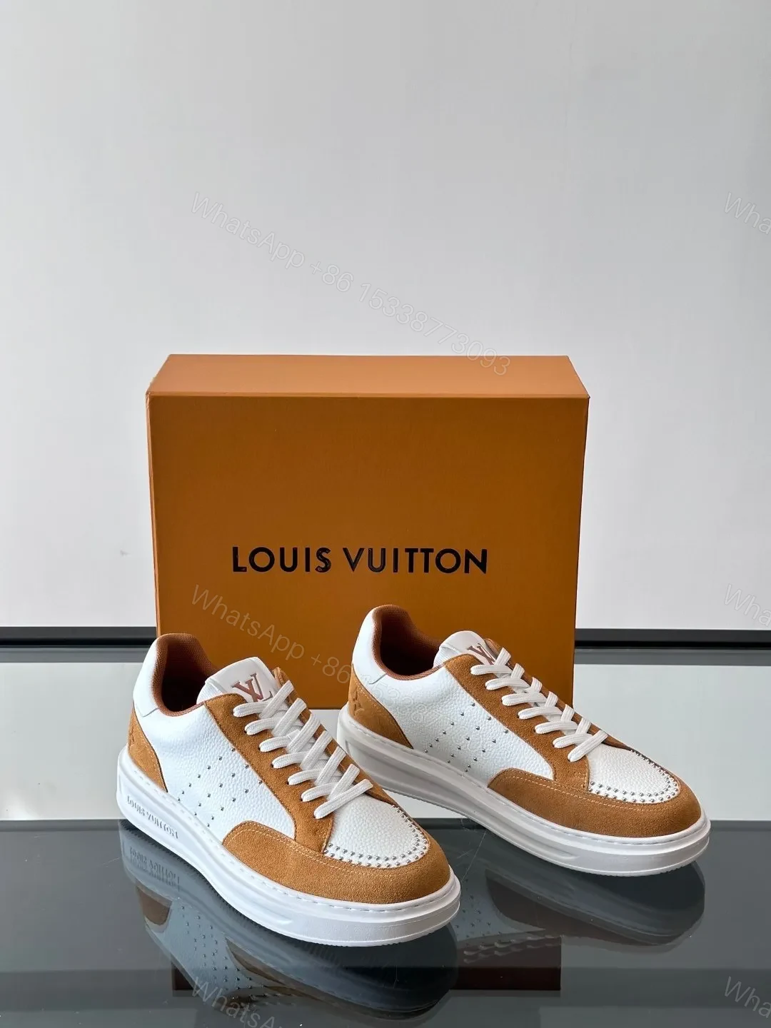 View 5 of LV Men White Brown Suede Leather Sneakers