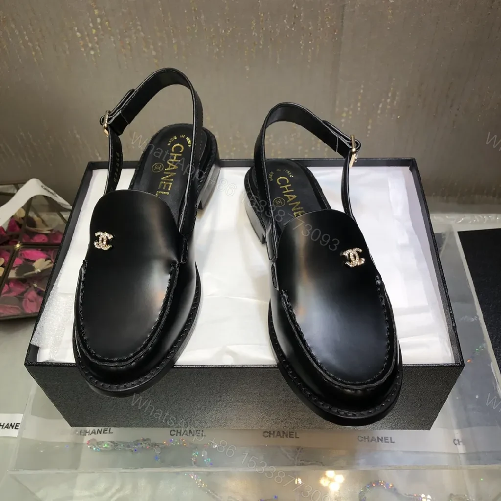 Black Leather Mules with Gold Logo Hardware, Minimal Slider Mule — view 1