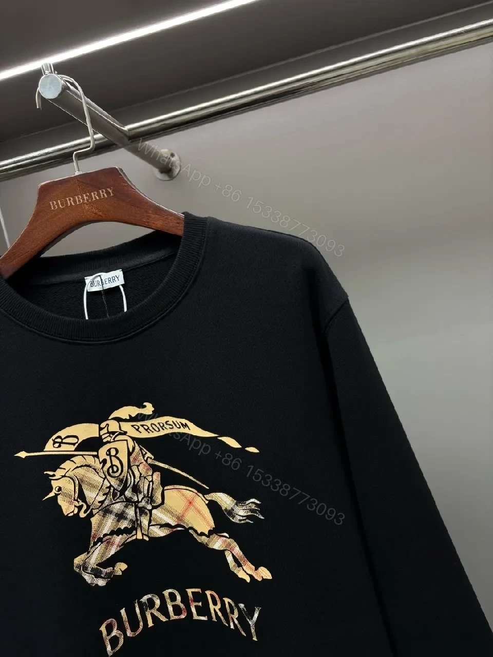 View 8 of Black Cotton Crewneck Sweatshirt with Metallic Crest Print, Modern Heritage, All‐Day Comfort