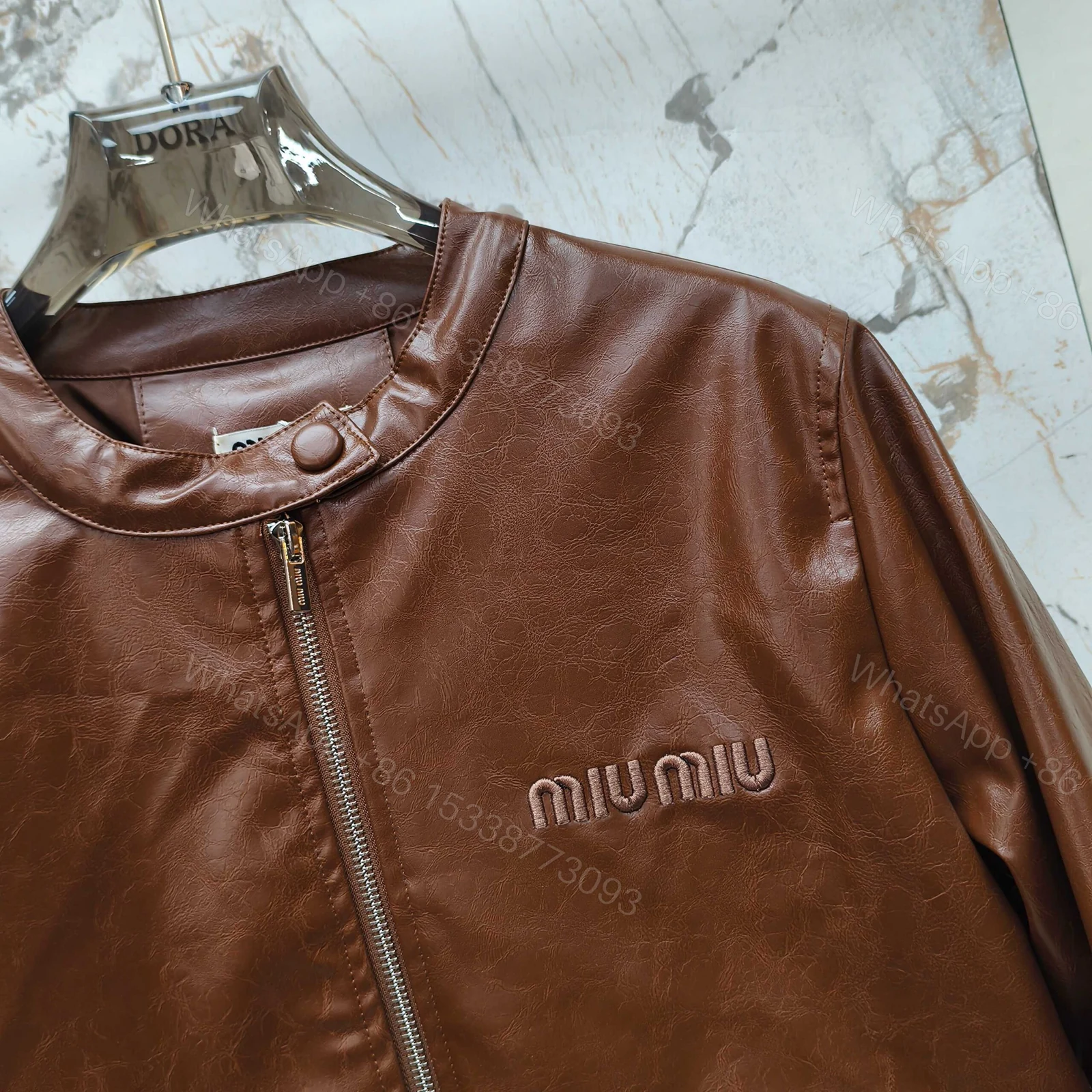View 3 of Miumiu Crop Top Jacket Brown Leather