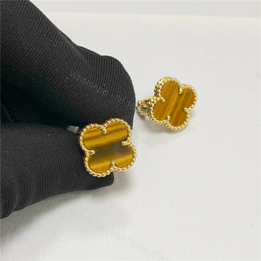 View 3 of Replica VCA 18K Yellow Gold Vintage Alhambra Earrings Tiger Eyes VCARD40500