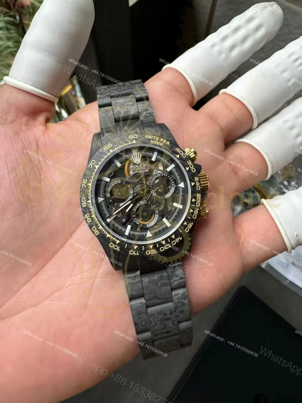 View 2 of Rolex Super Clone Carbon Fiber Daytona Gold Accents Full Carbon Bracelet