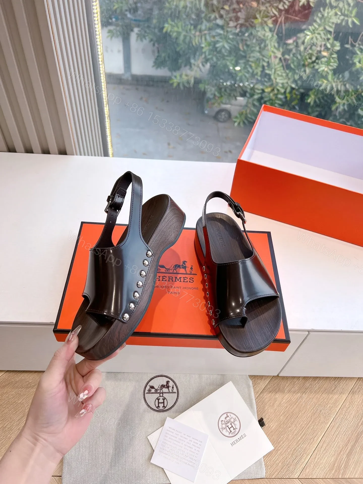 View 6 of Hermes Women Dark Brown Leather Slingback Sandals