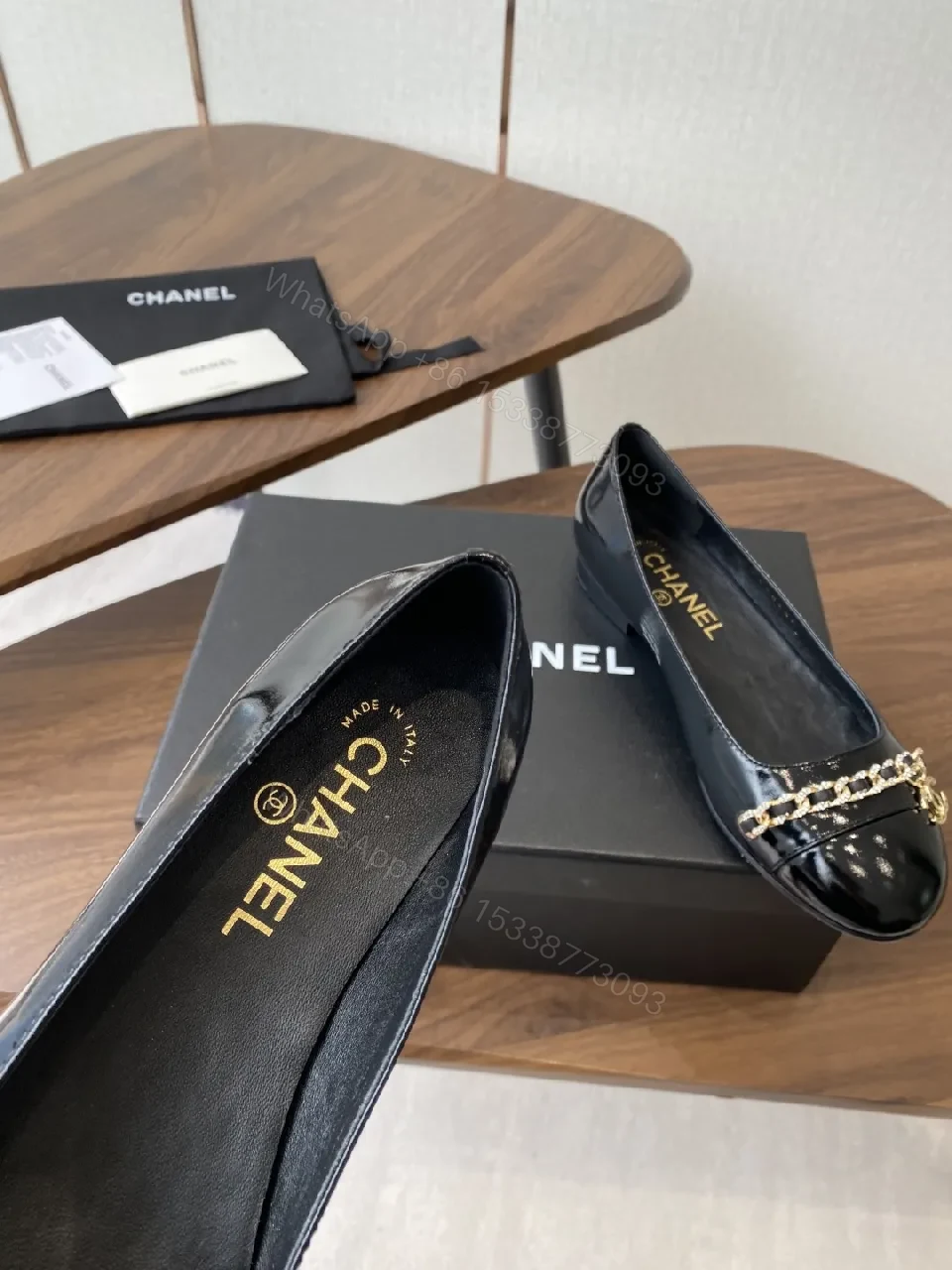 View 2 of Black Leather Ballet Flats with Gold Chain Hardware