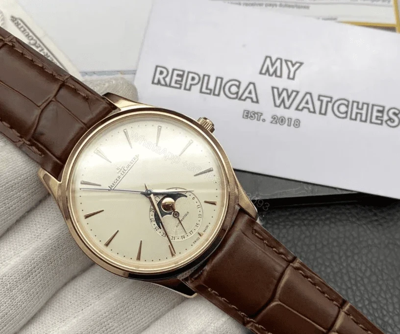 View 6 of Replica Jaeger LeCoultre Master Ultrathin Moon Rose Gold Leather Strap 39mm