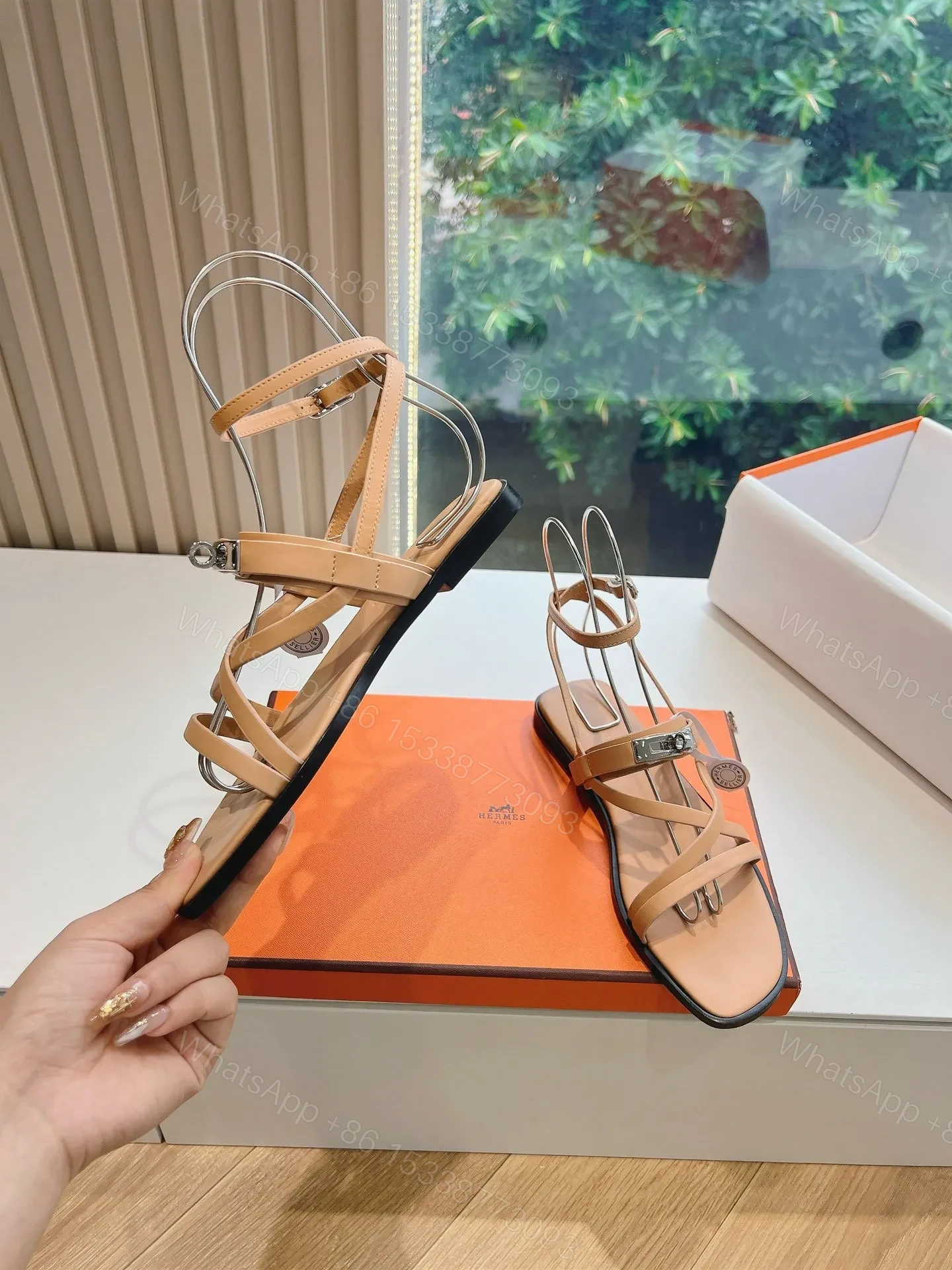 View 6 of Hermes Women Beige Leather Strappy Sandals