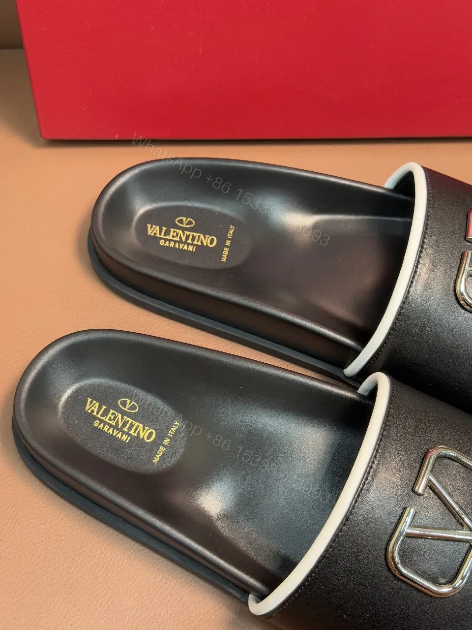 View 3 of Black Leather Slide with Contrast piping, Comfort, Designer-Inspired Slide