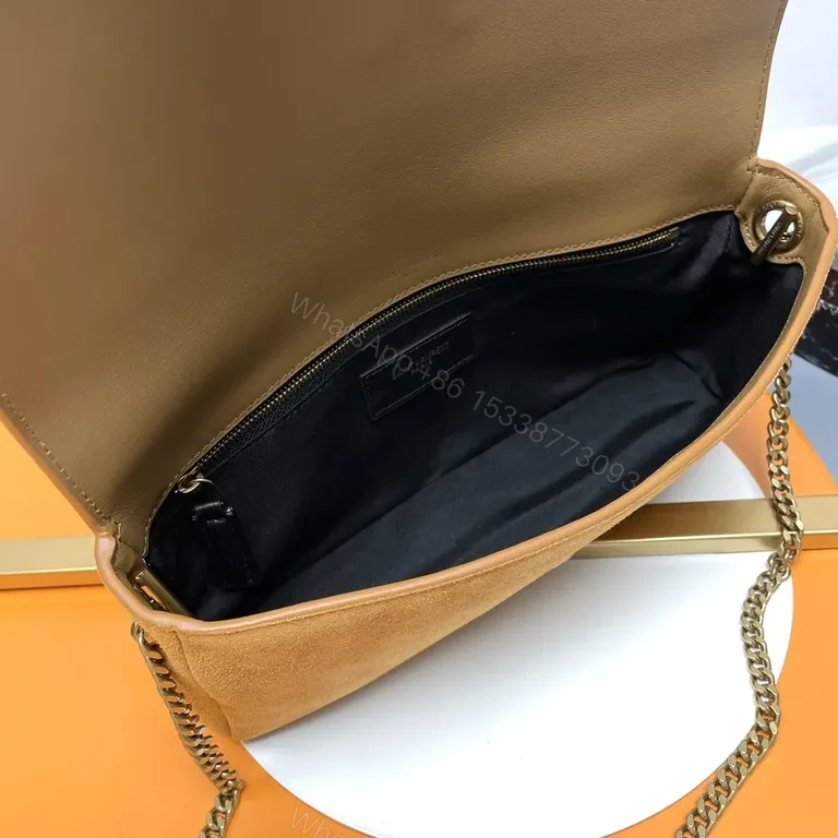 View 5 of Camel Suede Crossbody Bag with Gold YSL Emblem - Tassel Detail