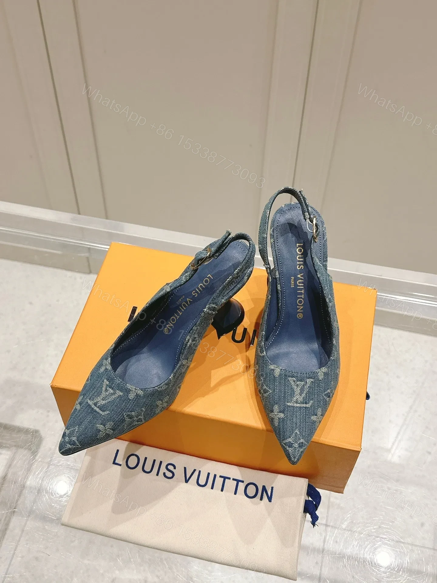 View 4 of LV Women Blue Denim Leather Trim Slingback Heels